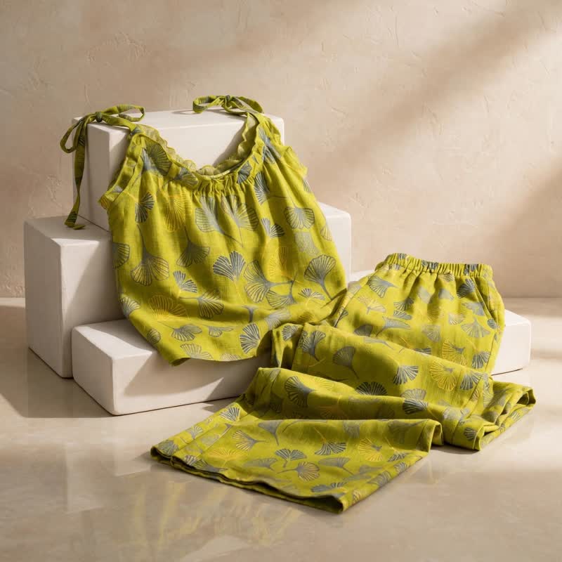 Retro-Loungewear-Set aus Baumwolle mit botanischem Ginkgoblatt-Tami-Top - image 3