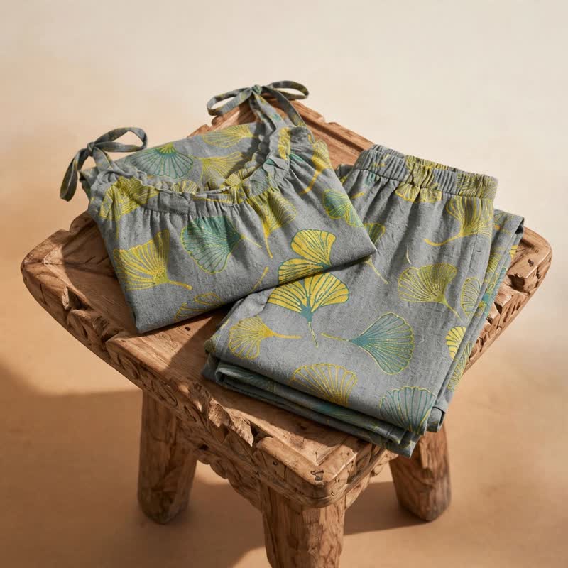 Retro-Loungewear-Set aus Baumwolle mit botanischem Ginkgoblatt-Tami-Top - image 11