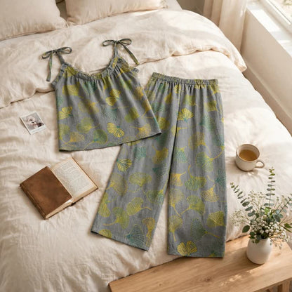 Retro-Loungewear-Set aus Baumwolle mit botanischem Ginkgoblatt-Tami-Top - image 8