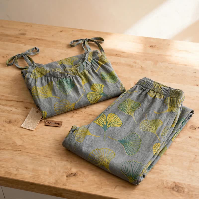 Retro-Loungewear-Set aus Baumwolle mit botanischem Ginkgoblatt-Tami-Top - image 12