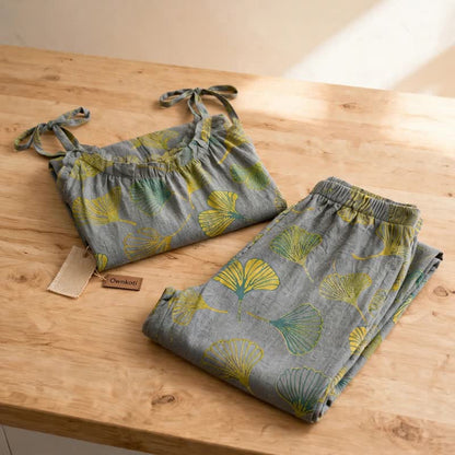 Retro-Loungewear-Set aus Baumwolle mit botanischem Ginkgoblatt-Tami-Top - image 12