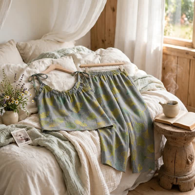 Retro-Loungewear-Set aus Baumwolle mit botanischem Ginkgoblatt-Tami-Top - image 9