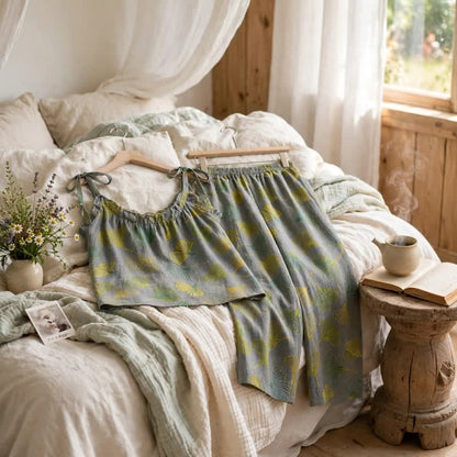 Retro-Loungewear-Set aus Baumwolle mit botanischem Ginkgoblatt-Tami-Top - image 9