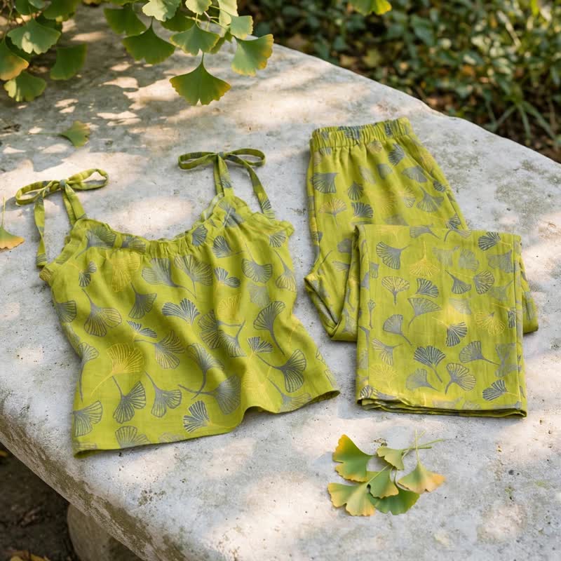 Retro-Loungewear-Set aus Baumwolle mit botanischem Ginkgoblatt-Tami-Top - image 4