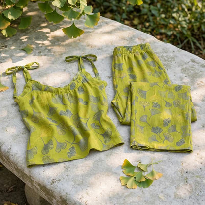 Retro-Loungewear-Set aus Baumwolle mit botanischem Ginkgoblatt-Tami-Top - image 4
