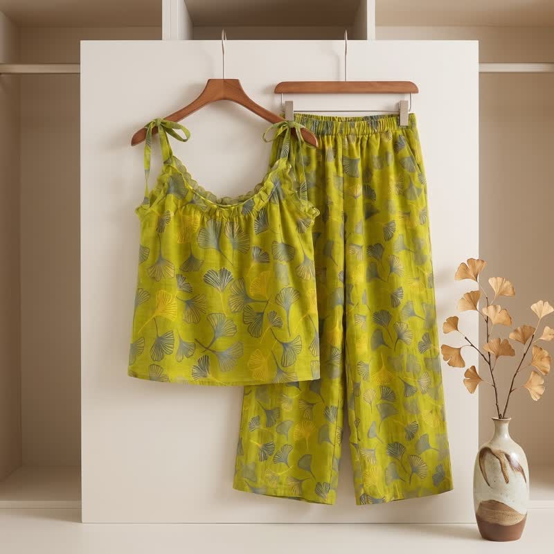 Retro-Loungewear-Set aus Baumwolle mit botanischem Ginkgoblatt-Tami-Top - image 1