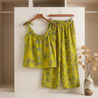 Retro-Loungewear-Set aus Baumwolle mit botanischem Ginkgoblatt-Tami-Top - image 1