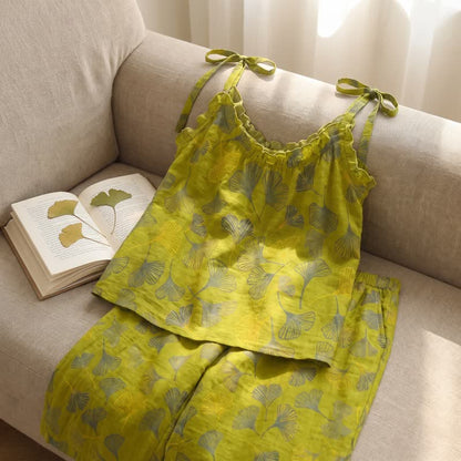 Retro-Loungewear-Set aus Baumwolle mit botanischem Ginkgoblatt-Tami-Top - image 5