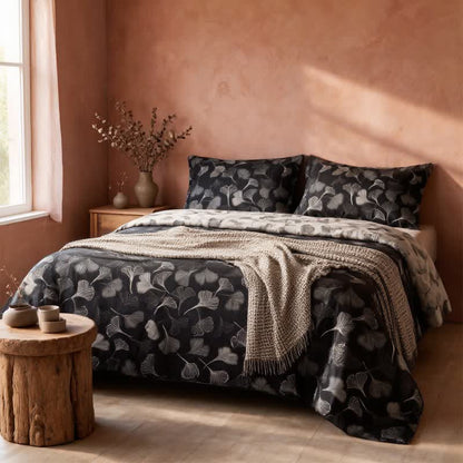Vintage Wendebettwäsche-Set aus Baumwolle mit schwarzem Ginkgoblatt - image 4