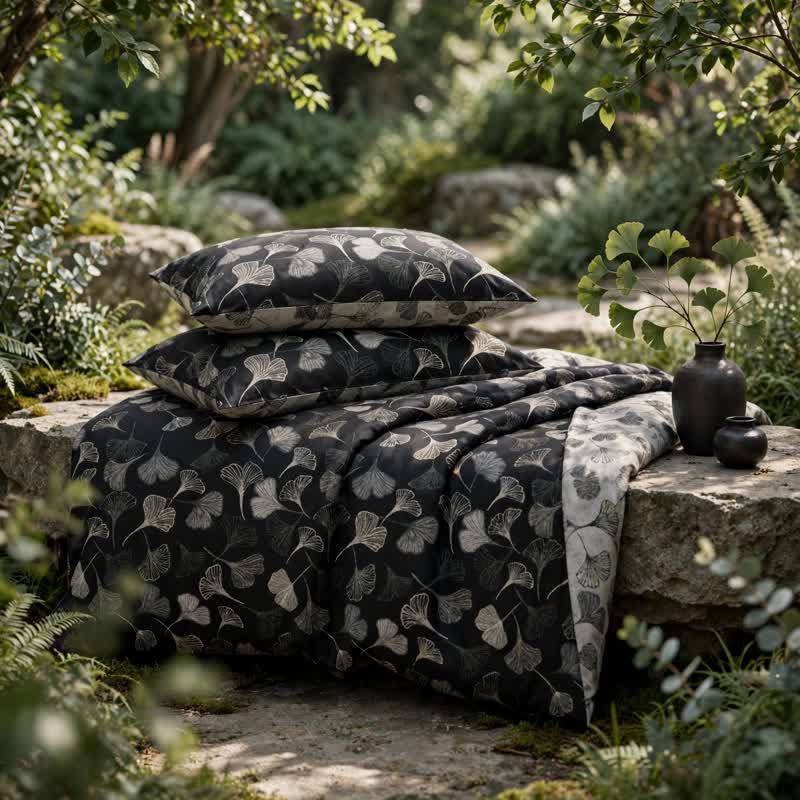 Vintage Wendebettwäsche-Set aus Baumwolle mit schwarzem Ginkgoblatt - Schwarz - 2 Kissenbezüge - 40" x 50cm x 50cm - image 5