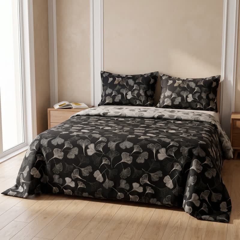 Vintage Wendebettwäsche-Set aus Baumwolle mit schwarzem Ginkgoblatt - image 3
