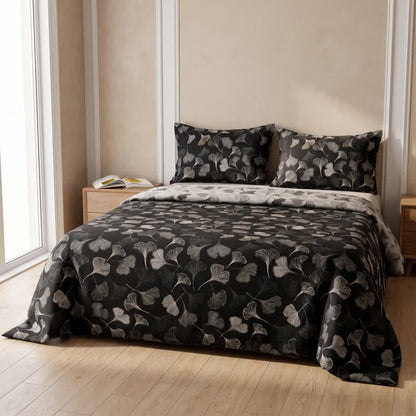 Vintage Wendebettwäsche-Set aus Baumwolle mit schwarzem Ginkgoblatt - image 3