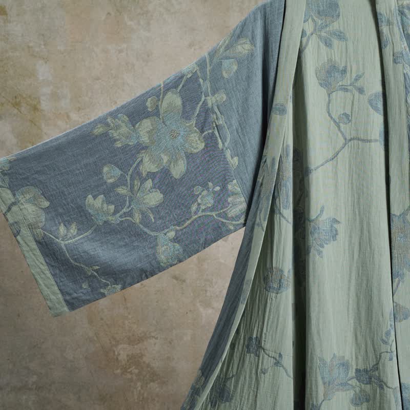 Kimono-Bademantel aus Baumwolle, salbeiblau mit Blumenmuster - image 5