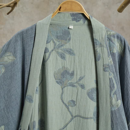 Kimono-Bademantel aus Baumwolle, salbeiblau mit Blumenmuster - image 3