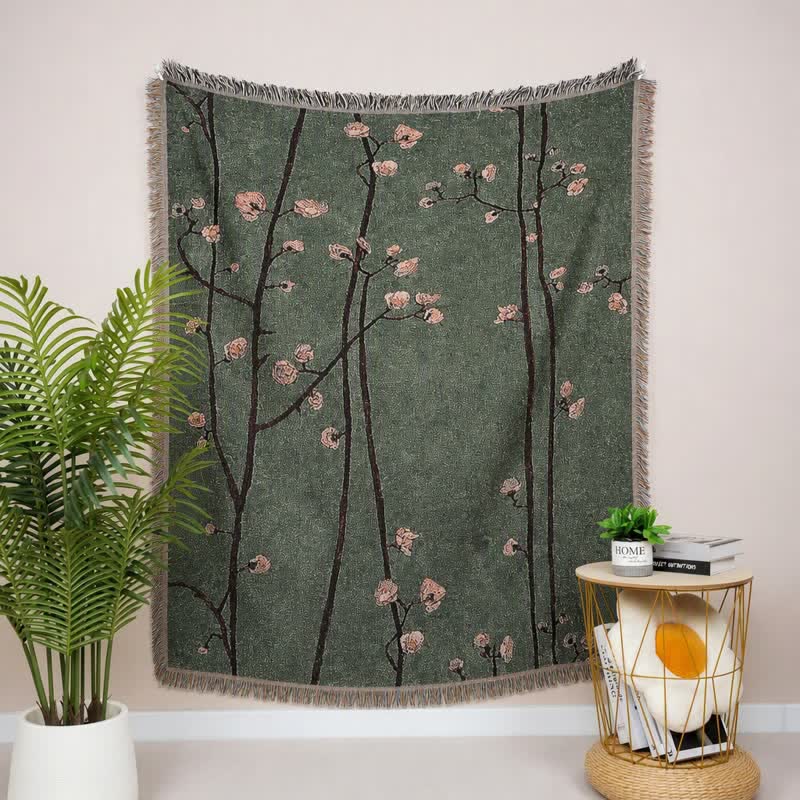 Dekorative Decke mit Quasten in Vintage-Grün mit Pflaumenblütenmuster - 130cm x 160cm - image 0