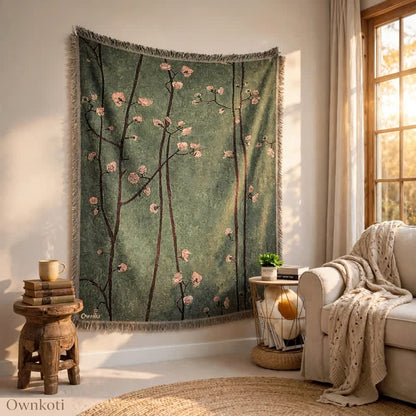 Dekorative Decke mit Quasten in Vintage-Grün mit Pflaumenblütenmuster - image 3