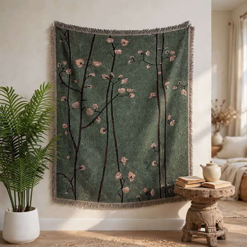 Dekorative Decke mit Quasten in Vintage-Grün mit Pflaumenblütenmuster - image 2