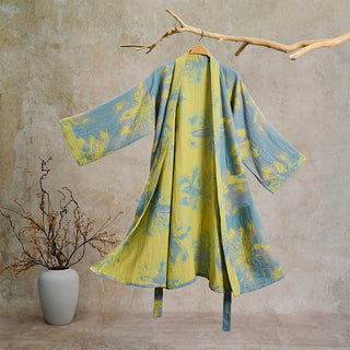 Kimono-Bademantel aus doppellagigem Baumwollgewebe mit Blumenmuster im Boho-Stil - Cyan - 2XL - image 0
