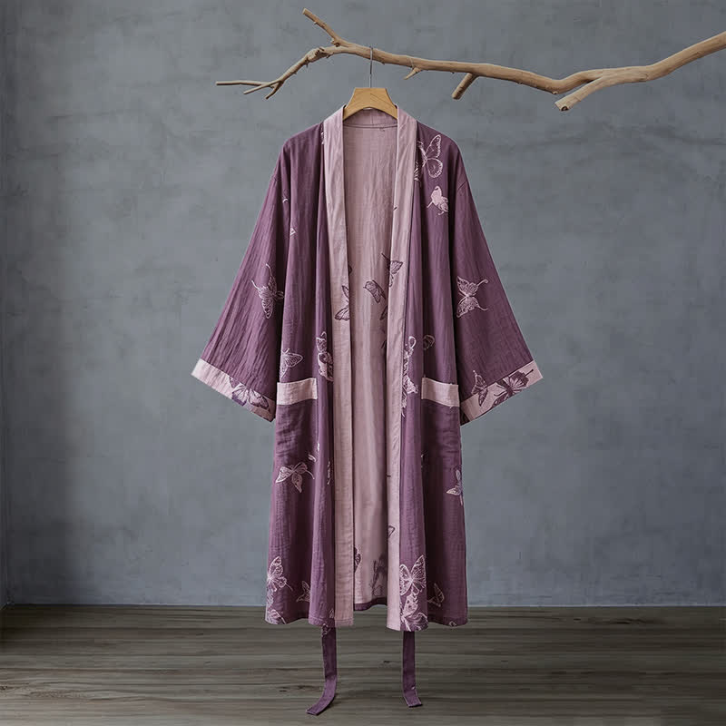Kimono-Bademantel aus doppellagigem Baumwoll-Doppelgaze mit Schmetterlingsmotiv - image 1