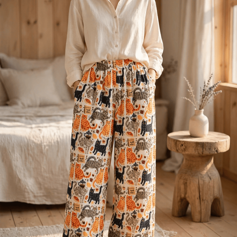 Loungewear-Hose aus Baumwolle mit orangefarbenem Cartoon-Katzenmuster - image 2