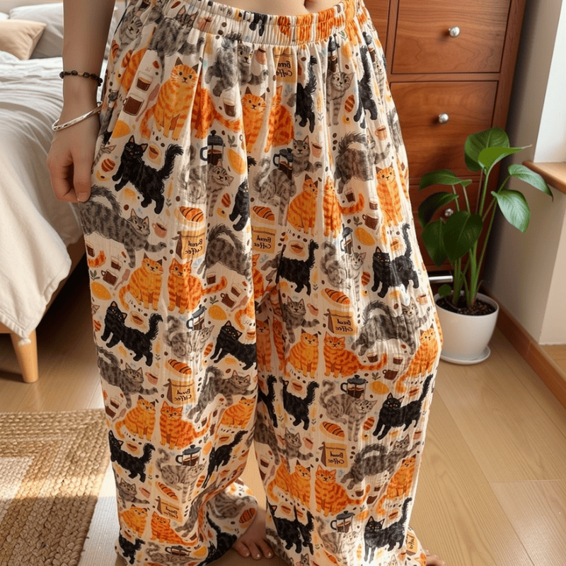 Loungewear-Hose aus Baumwolle mit orangefarbenem Cartoon-Katzenmuster - image 3