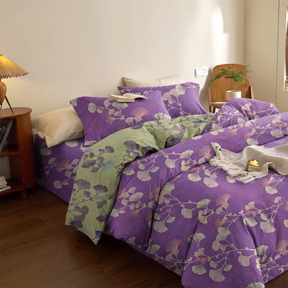 Retro-Wendebettwäsche-Set mit Ginkgoblatt-Motiv - Lila & Grün - Bettwäsche-Set (4-teilig) - Königin - image 0