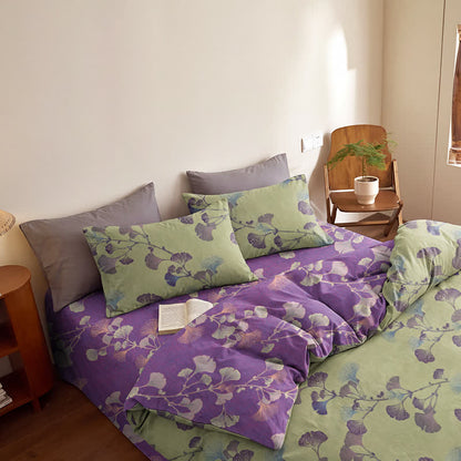 Retro-Wendebettwäsche-Set mit Ginkgoblatt-Motiv - Grün & Lila - Bettwäsche-Set (4-teilig) - Königin - image 7