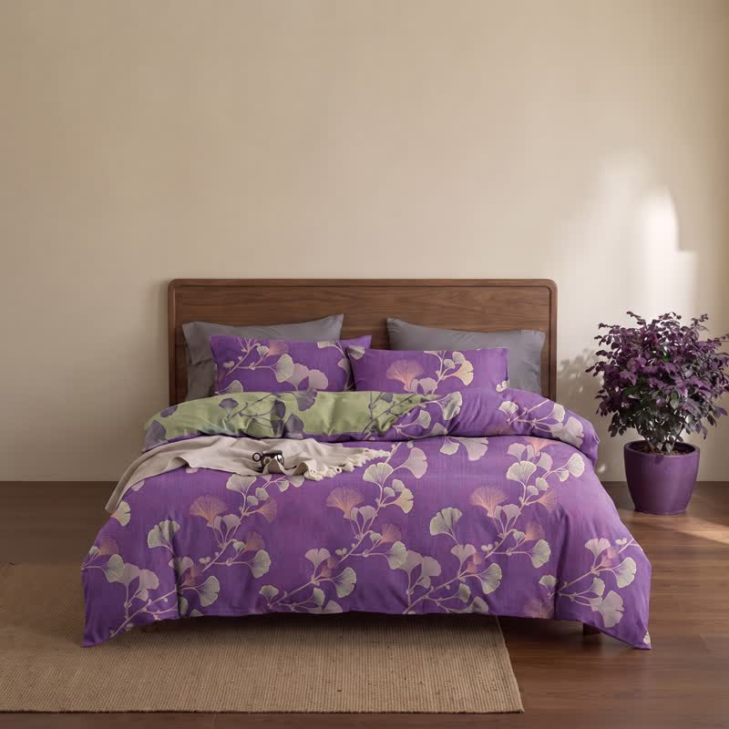 Retro-Wendebettwäsche-Set mit Ginkgoblatt-Motiv - image 4