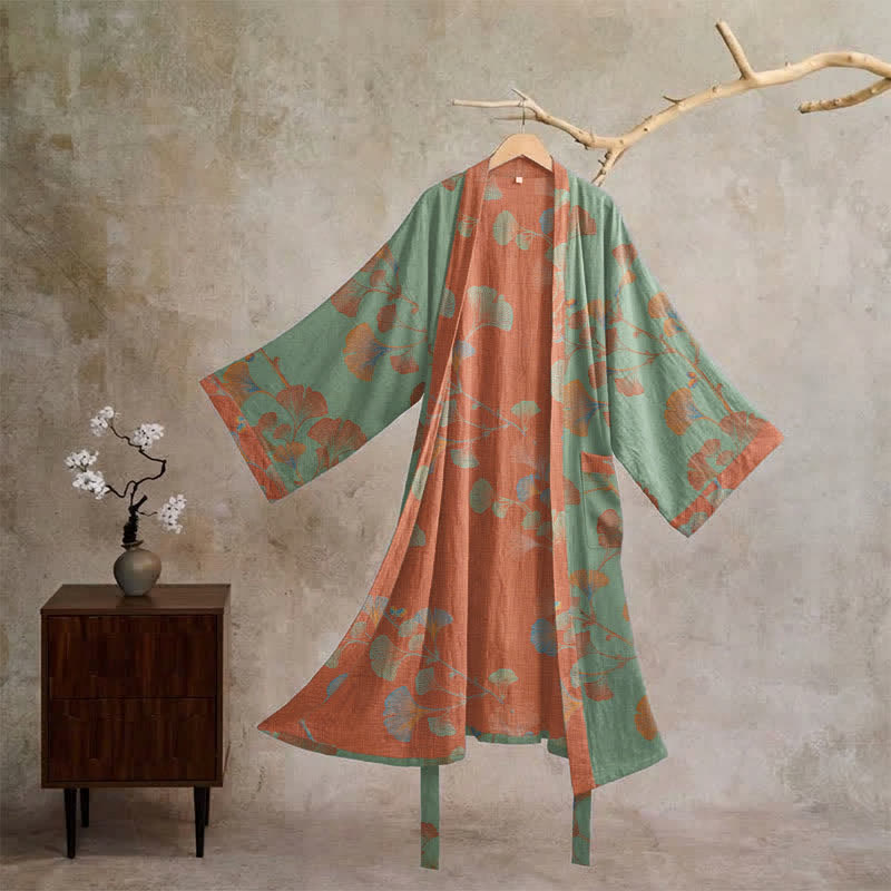 Retro-Kimono aus Baumwolle mit Ginkgoblatt - Grün & Rot - XL - image 10