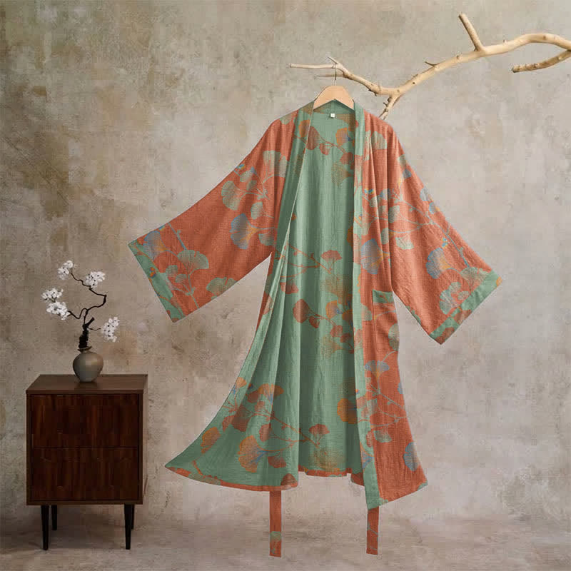 Retro-Kimono aus Baumwolle mit Ginkgoblatt - Rot & Grün - XL - image 16