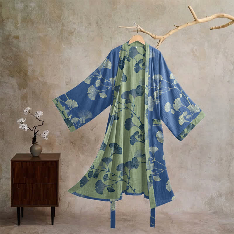 Retro-Kimono aus Baumwolle mit Ginkgoblatt - Tiefblau und Grasgrün - XL - image 5