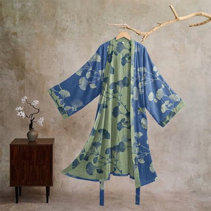 Retro-Kimono aus Baumwolle mit Ginkgoblatt - Tiefblau und Grasgrün - XL - image 5