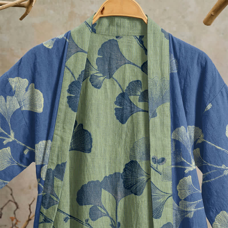 Retro-Kimono aus Baumwolle mit Ginkgoblatt - image 8