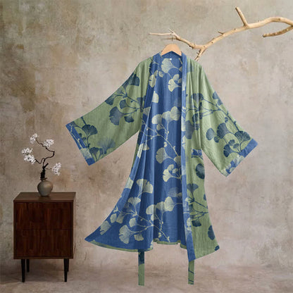 Retro-Kimono aus Baumwolle mit Ginkgoblatt - Glasgrün & Tiefblau - XL - image 22