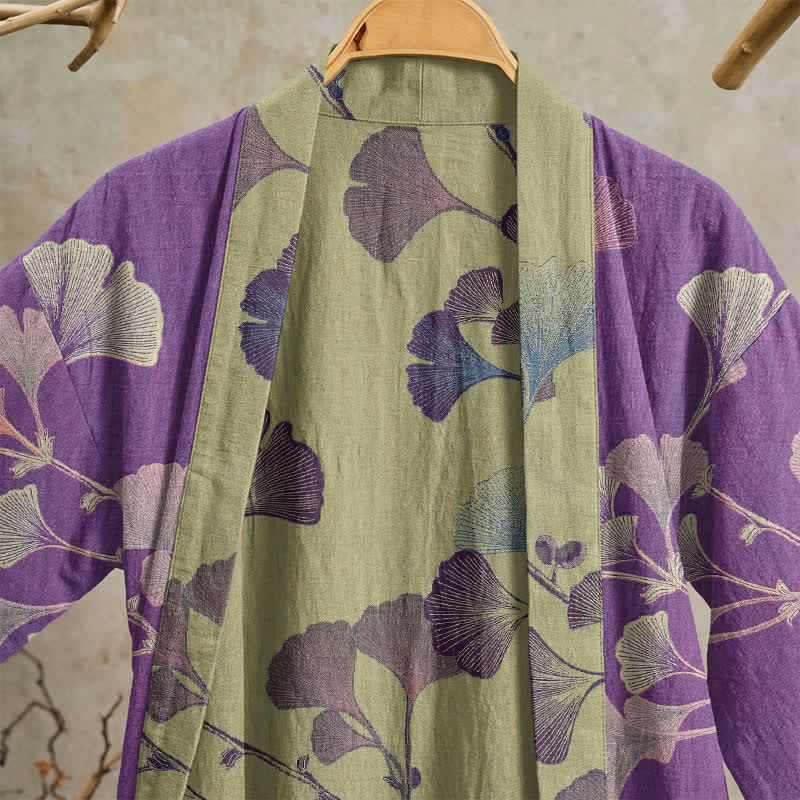 Retro-Kimono aus Baumwolle mit Ginkgoblatt - image 3