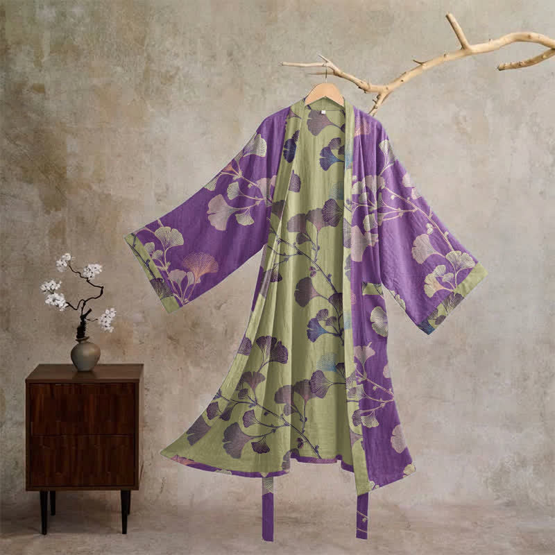 Retro-Kimono aus Baumwolle mit Ginkgoblatt - Lila & Grasgrün - XL - image 0