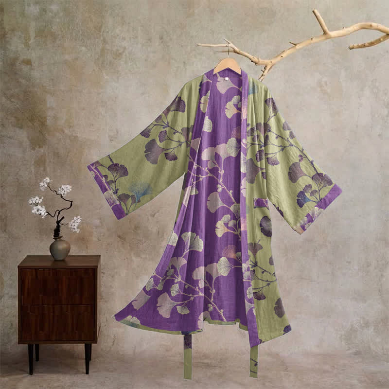 Retro-Kimono aus Baumwolle mit Ginkgoblatt - Grasgrün & Lila - XL - image 28
