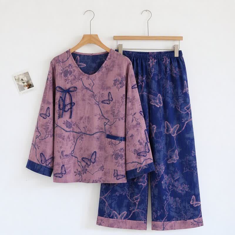 Retro-Loungewear-Set aus Baumwolle mit lila Schmetterlings- und Blumenmuster - Lila - XL - image 0