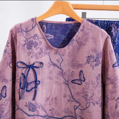 Retro-Loungewear-Set aus Baumwolle mit lila Schmetterlings- und Blumenmuster - image 3