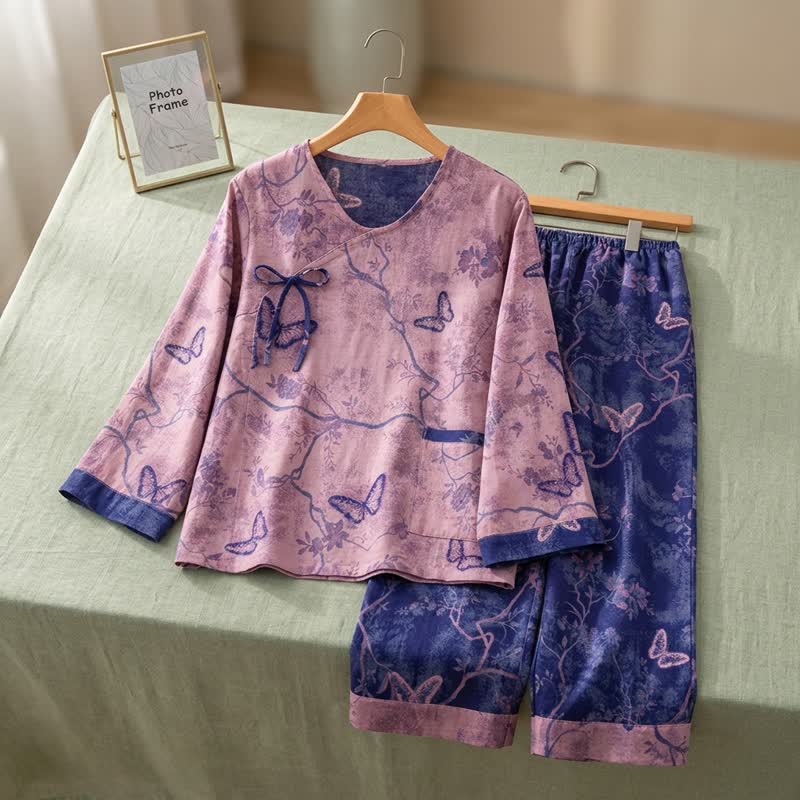 Retro-Loungewear-Set aus Baumwolle mit lila Schmetterlings- und Blumenmuster - image 2