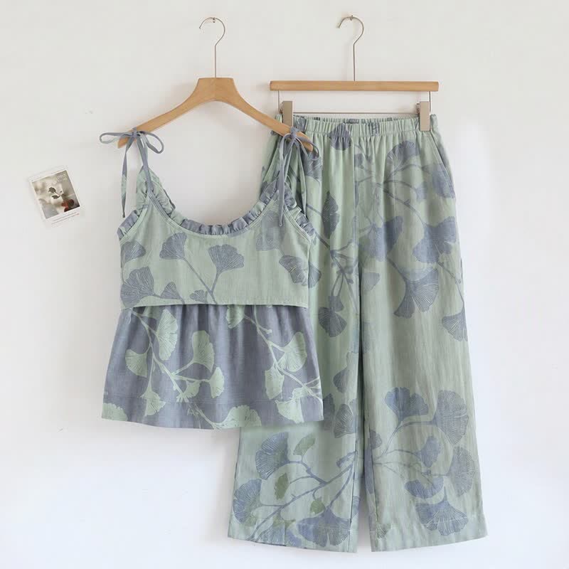 Ginkgo-Blatt-Pyjama-Set mit Rüschen und Cami-Oberteil - image 5