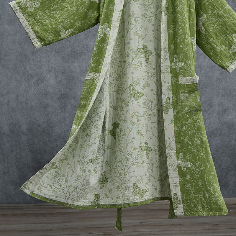 Kimono-Bademantel mit botanischem Schmetterlingsmotiv in Olivgrün - image 3