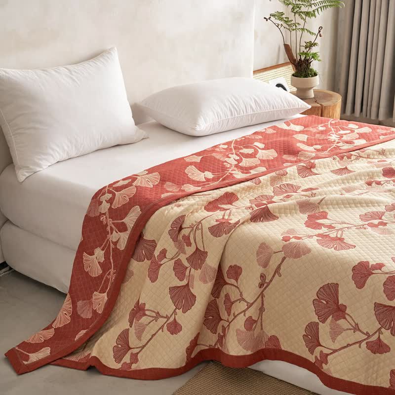 Baumwolldecke mit rotem Ginkgoblattmuster - Beige - 98" x 94" - Decke - image 11