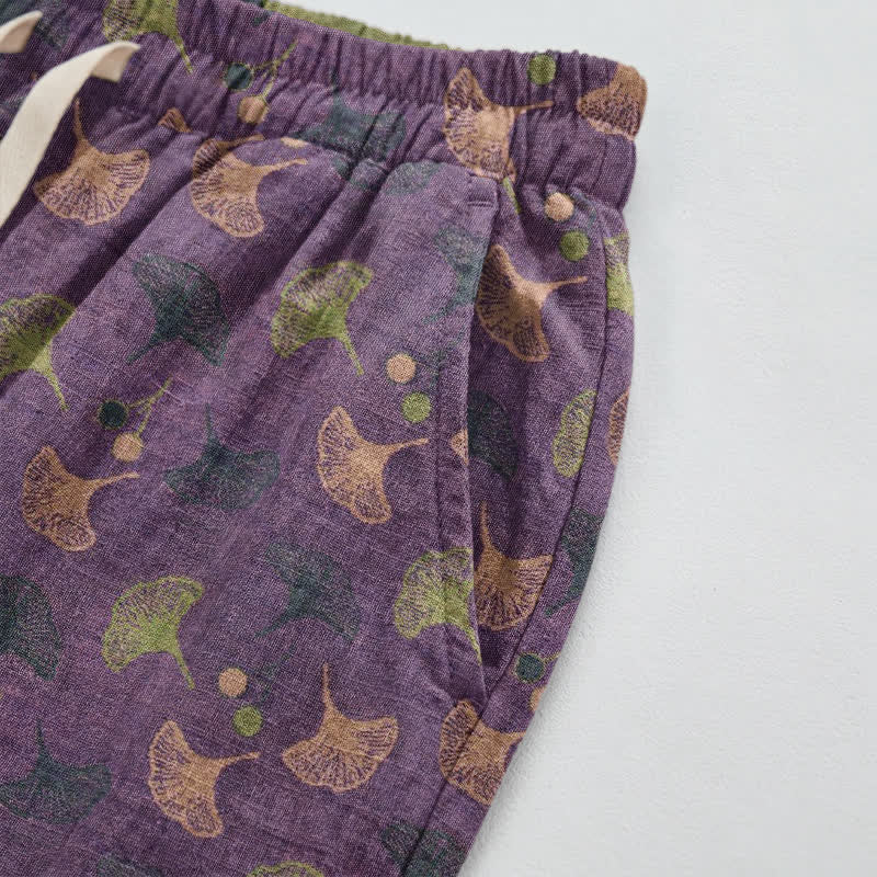 Lässige Loungehose aus Baumwolle im Retro-Stil mit Ginkgoblattmuster - image 3
