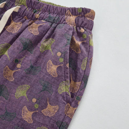 Lässige Loungehose aus Baumwolle im Retro-Stil mit Ginkgoblattmuster - image 3