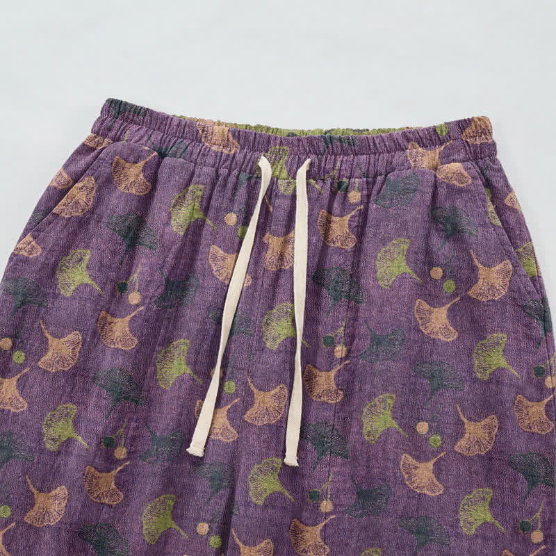 Lässige Loungehose aus Baumwolle im Retro-Stil mit Ginkgoblattmuster - image 2