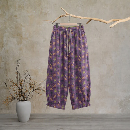 Lässige Loungehose aus Baumwolle im Retro-Stil mit Ginkgoblattmuster - Lila - XL - image 0
