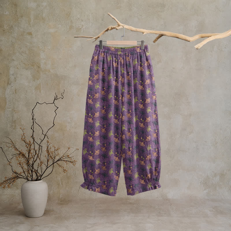 Lässige Loungehose aus Baumwolle im Retro-Stil mit Ginkgoblattmuster - image 1