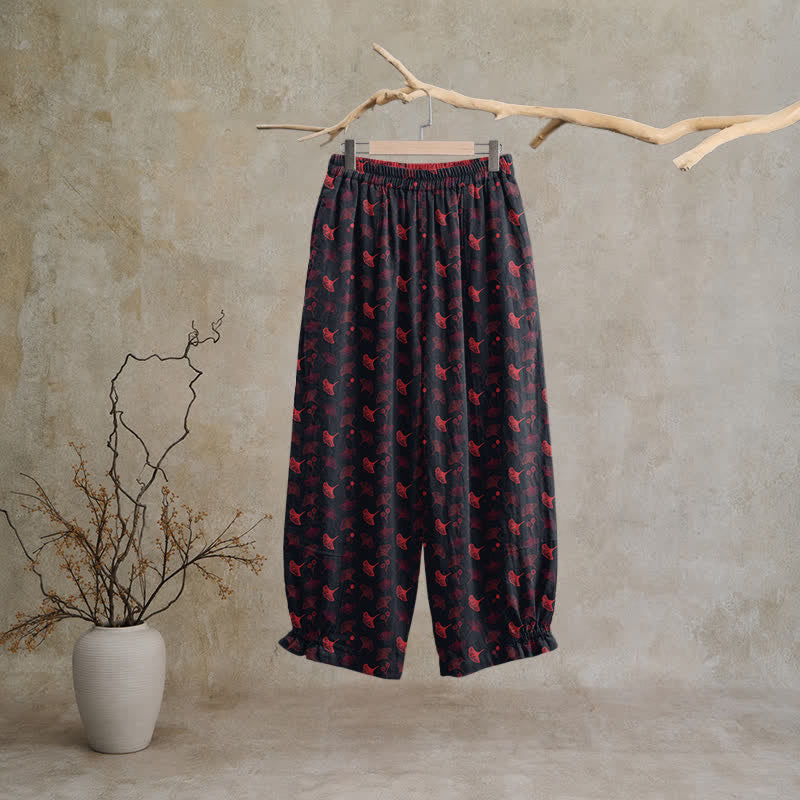 Lässige Loungehose aus Baumwolle im Retro-Stil mit Ginkgoblattmuster - image 6