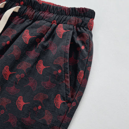 Lässige Loungehose aus Baumwolle im Retro-Stil mit Ginkgoblattmuster - image 8